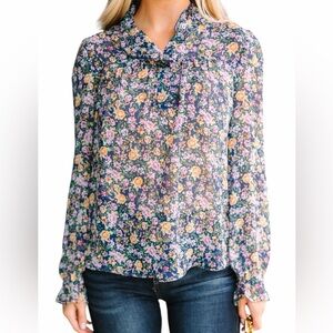 Listicle  Navy Blue with Ditsy Floral Long Sleeve Blouse S